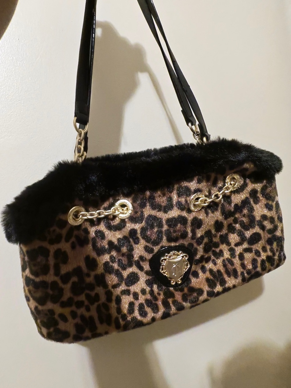 Juicy Couture Glamour Gang Satchel in Natural leopard with black faux fur trim